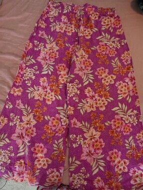 Pink Hibiscus floral-print wide-leg linen-blend pants from LOFT size Large Nwot